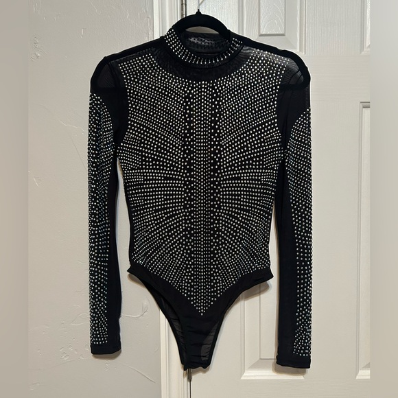 Tops - Black Long Sleeve Rhinestone Bodysuit